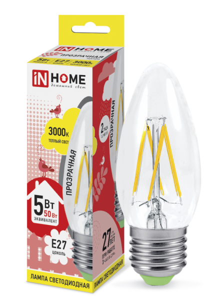 Лампа светодиодная IN HOME E27  5Вт свеча прозрачн. 3000К 450Лм  Распродажа!