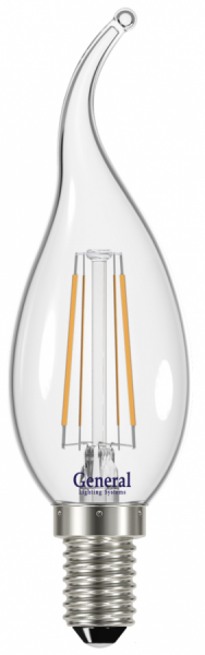 Лампа светодиодная General E14 7Вт 2700К свеча на ветру 605Лм филам.прозрачная