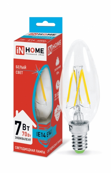 Лампа светодиодная IN HOME E14  7Вт свеча прозрачн. 4000К 630Лм