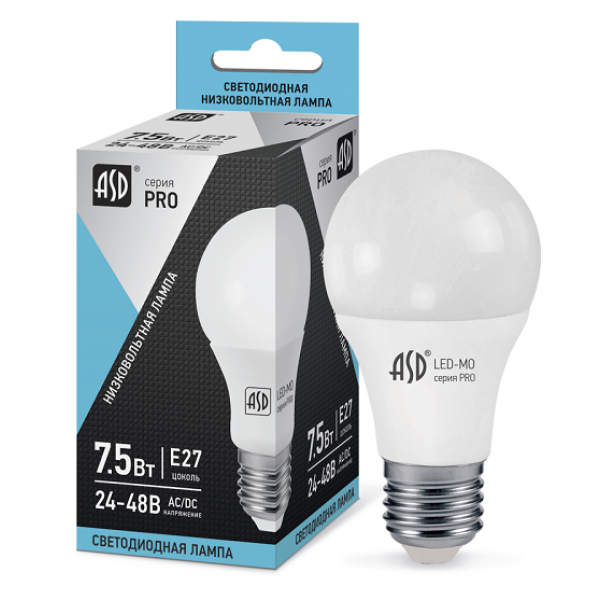 Лампа светодиодная низковольтная ASD E27  7.5Вт 12-24V 4000К 600Лм