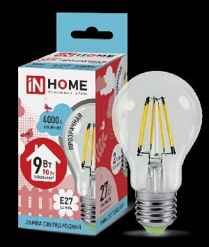 Лампа светодиодная IN HOME E27  9Вт шар A60 прозрачн. 4000К 810Лм