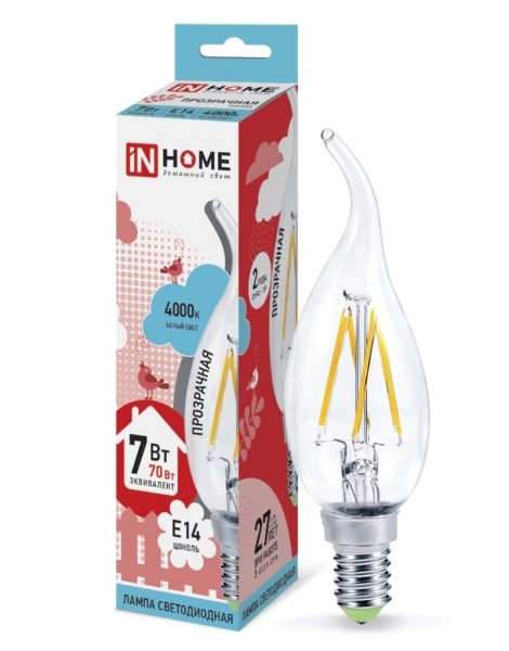 Лампа светодиодная IN HOME E14  7Вт свеча на ветру прозрачн. 4000К 630Лм