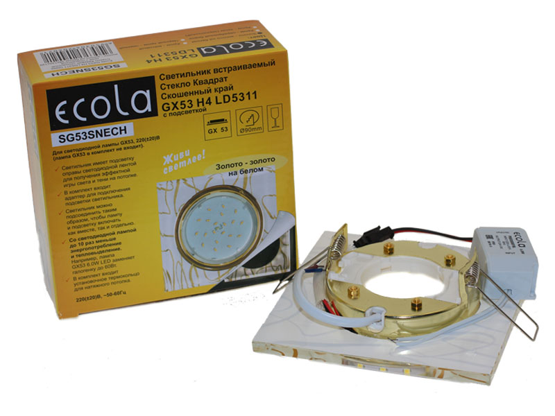 Светильник Ecola GX53 LD5311 стекло квадрат скошенный край с подсветкой золото на белом