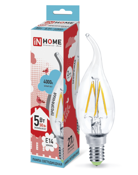 Лампа светодиодная IN HOME E14  5Вт свеча на ветру прозрачн. 4000К 450Лм