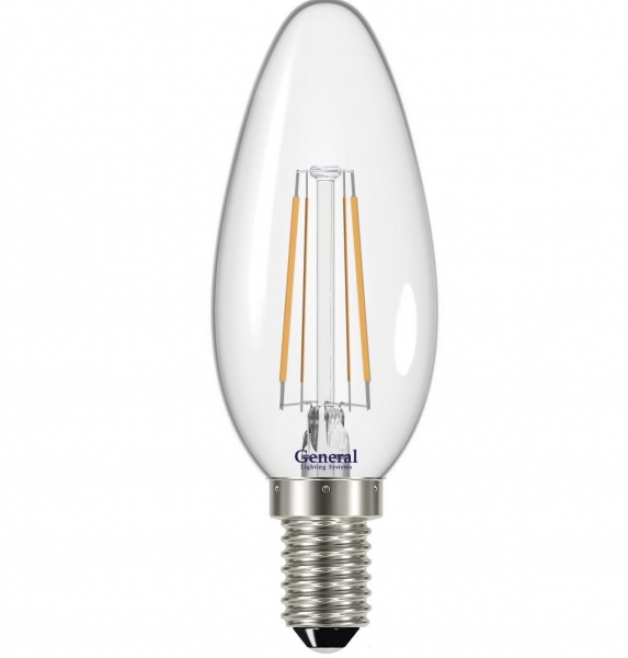 Лампа светодиодная General E27 7Вт свеча филаментная прозр. 4500К 540Лм